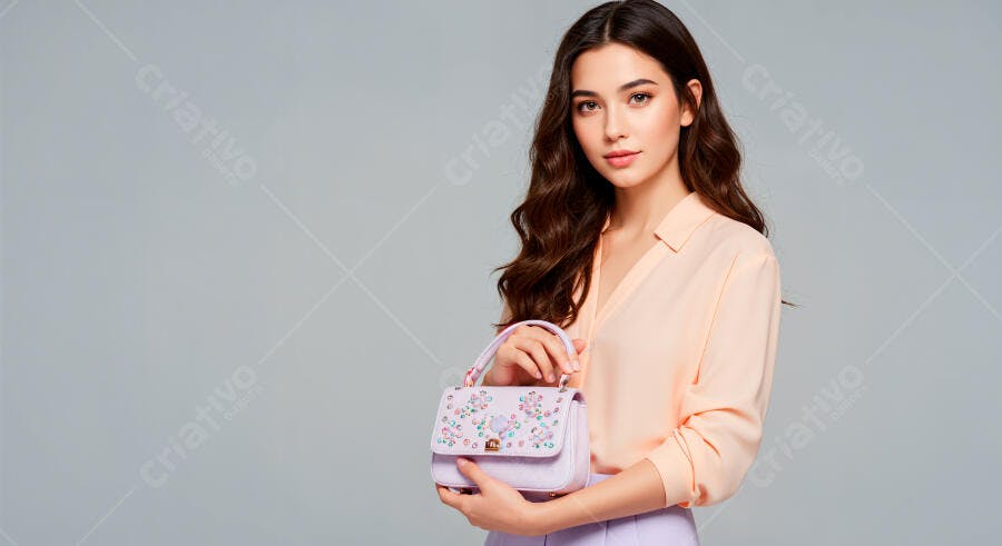 Modelo segurando bolsa feminina lilás
