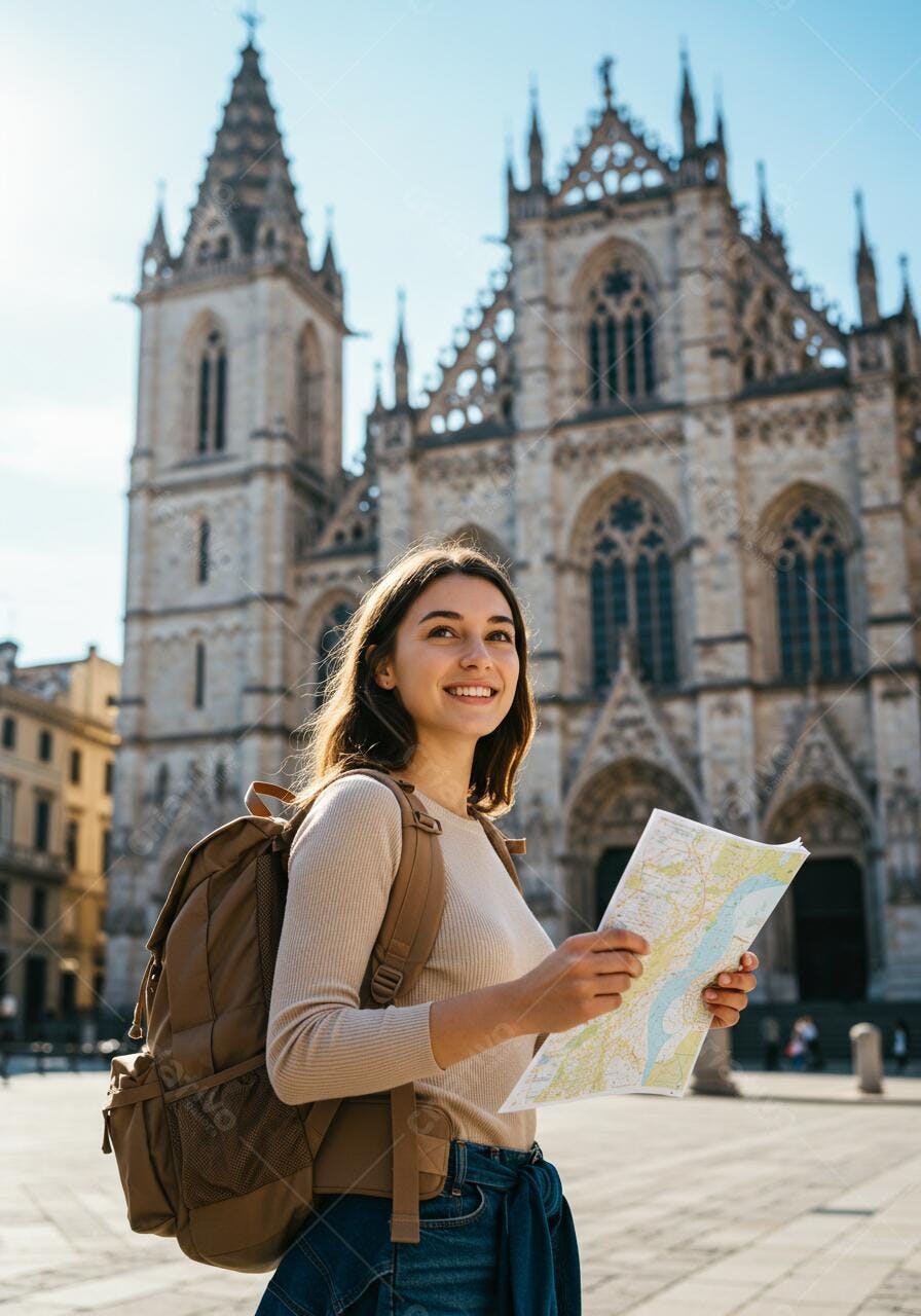 Mochila, mapa e catedral cartão postal