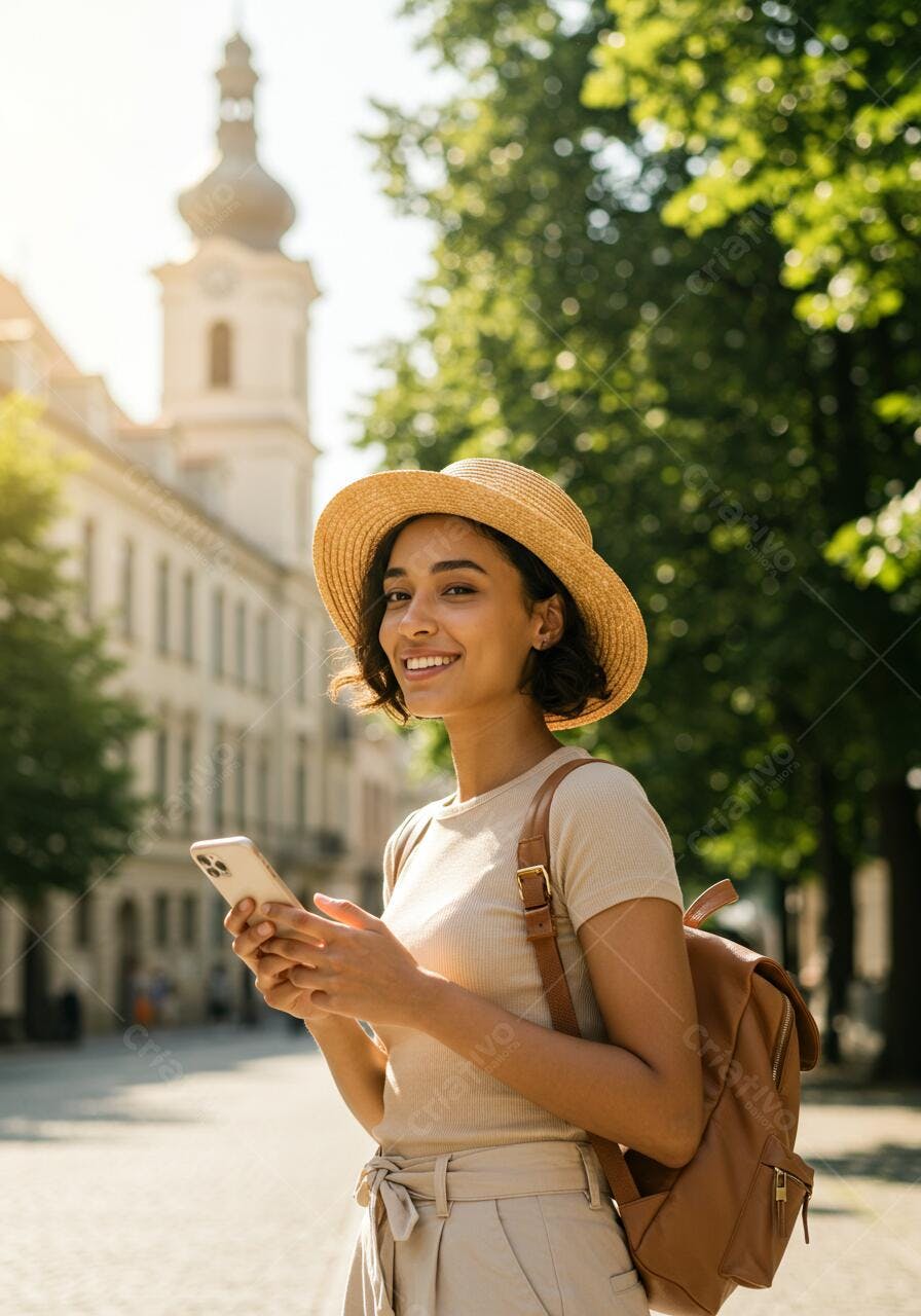 Mulher sorridente usando celular na cidade