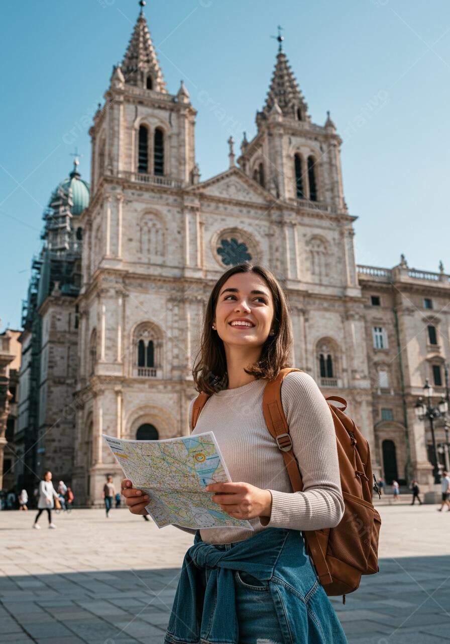 Moça com mapa em frente a catedral