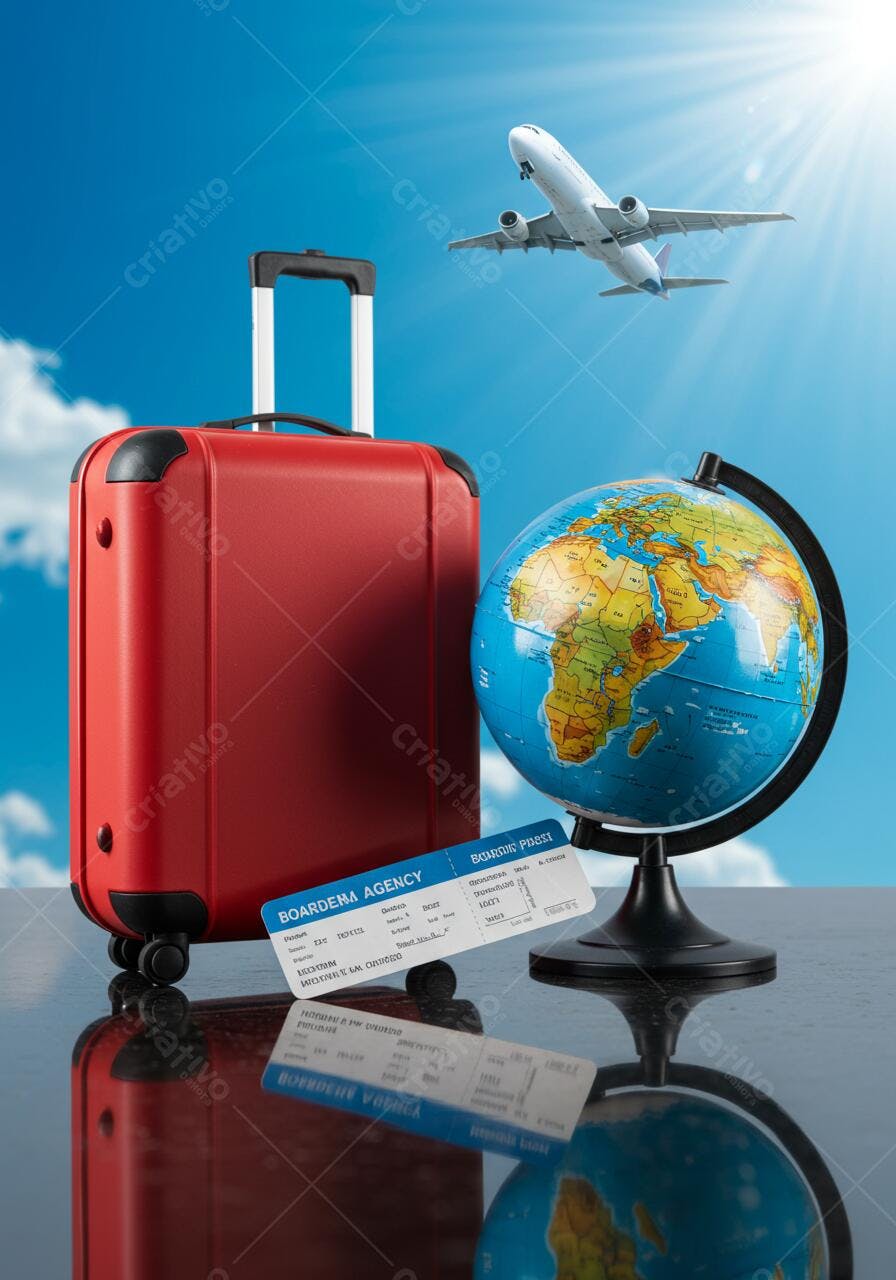Mala vermelha viagem avião globo terrestre