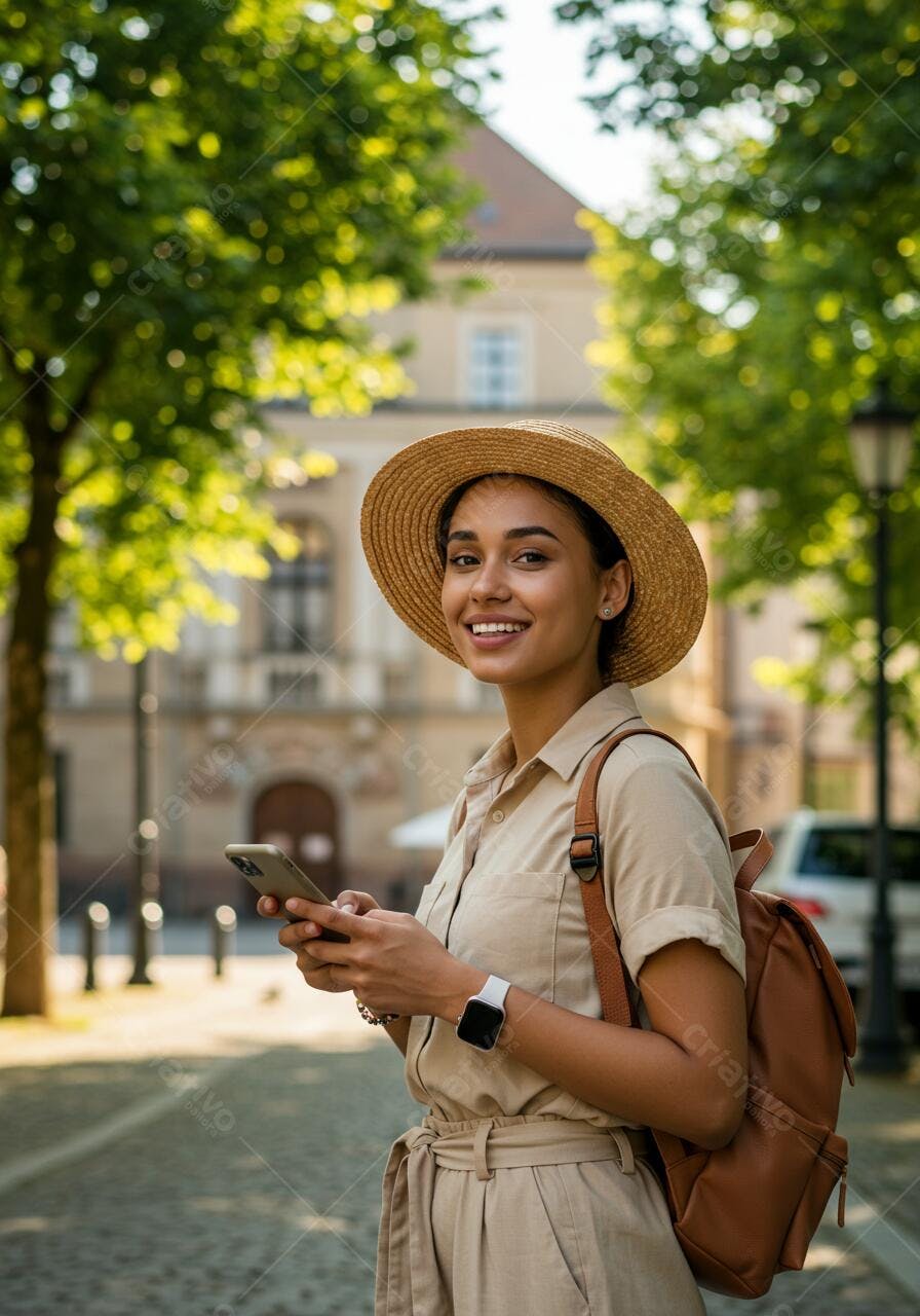 Mulher sorrindo cidade chapéu de palha