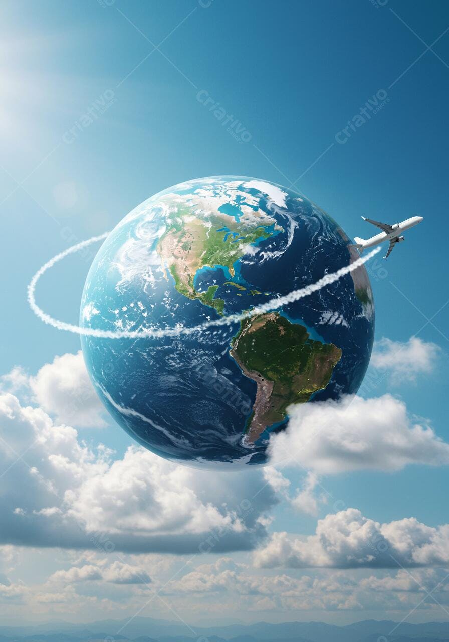 Avião circulando o planeta Terra em céu azul