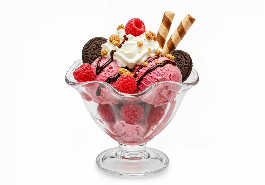 Sorvete de framboesa com chantilly e chocolate