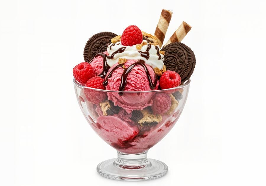 Sorvete de framboesa com biscoitos e chantilly