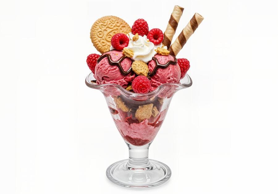 Sorvete de framboesa com biscoito e chantilly