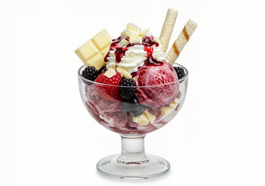 Sobremesa de sorvete com frutas vermelhas e chocolate branco
