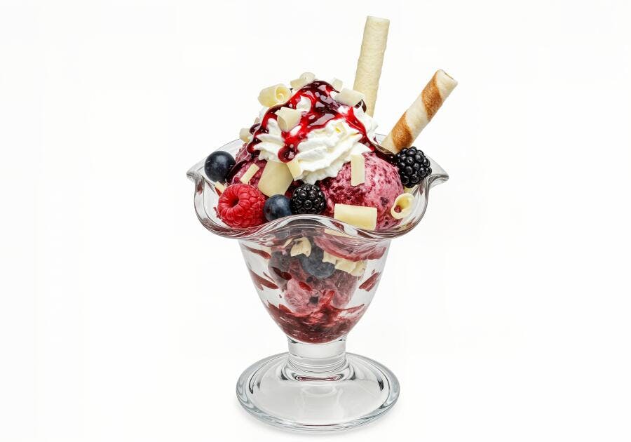 Sobremesa de sorvete com frutas vermelhas e chocolate branco