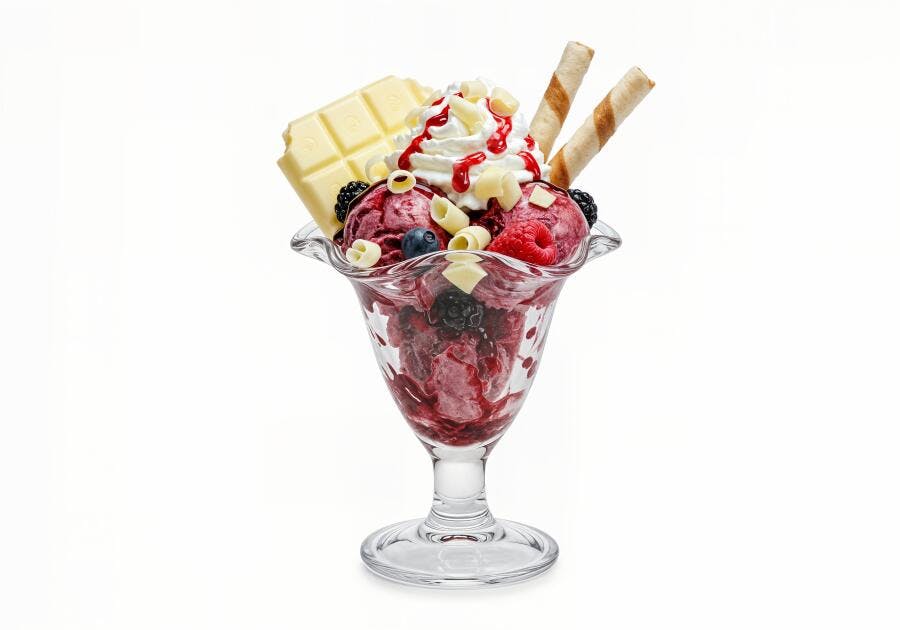 Sobremesa de sorvete com frutas vermelhas e chocolate branco