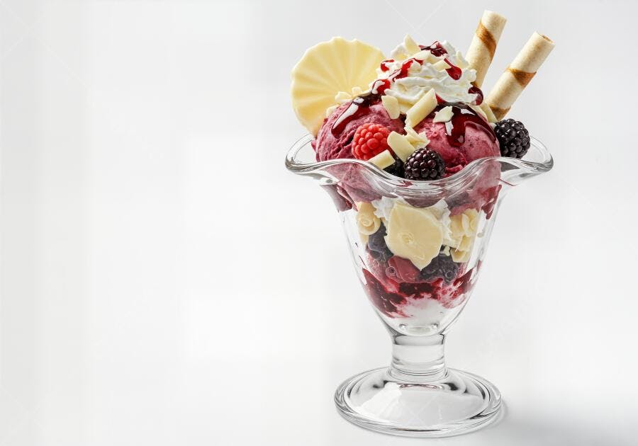 Sobremesa de sorvete com frutas vermelhas e chocolate branco