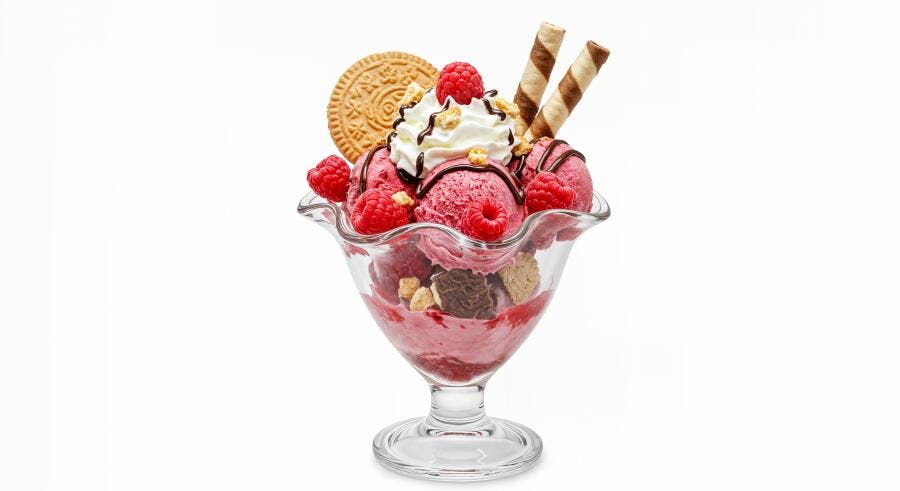 Sorvete de framboesa com chantilly e biscoito