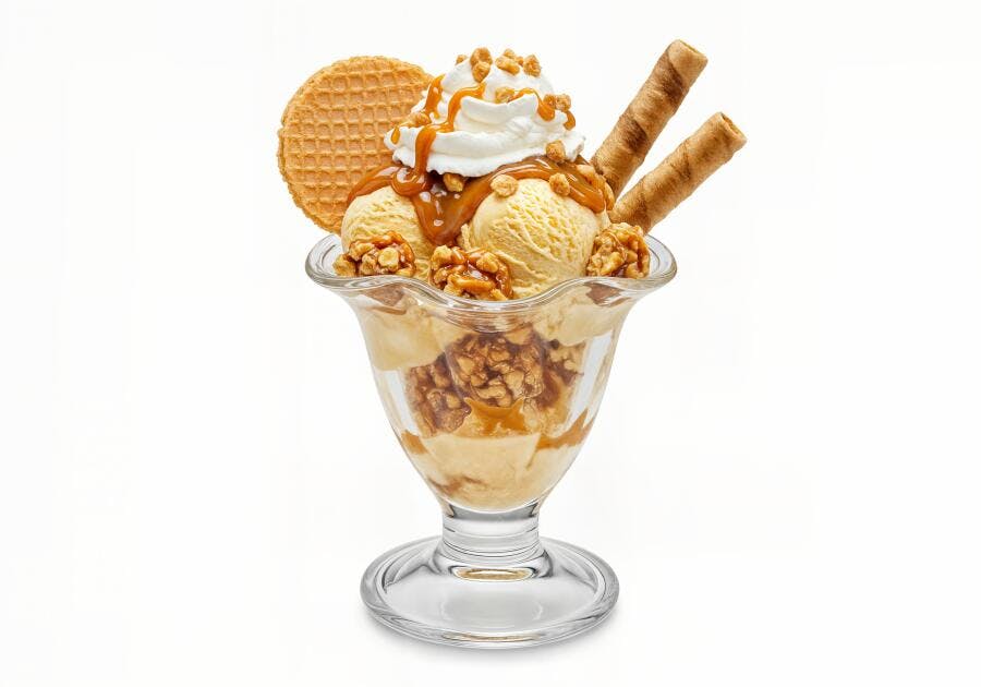 Sobremesa de sorvete com caramelo e flocos