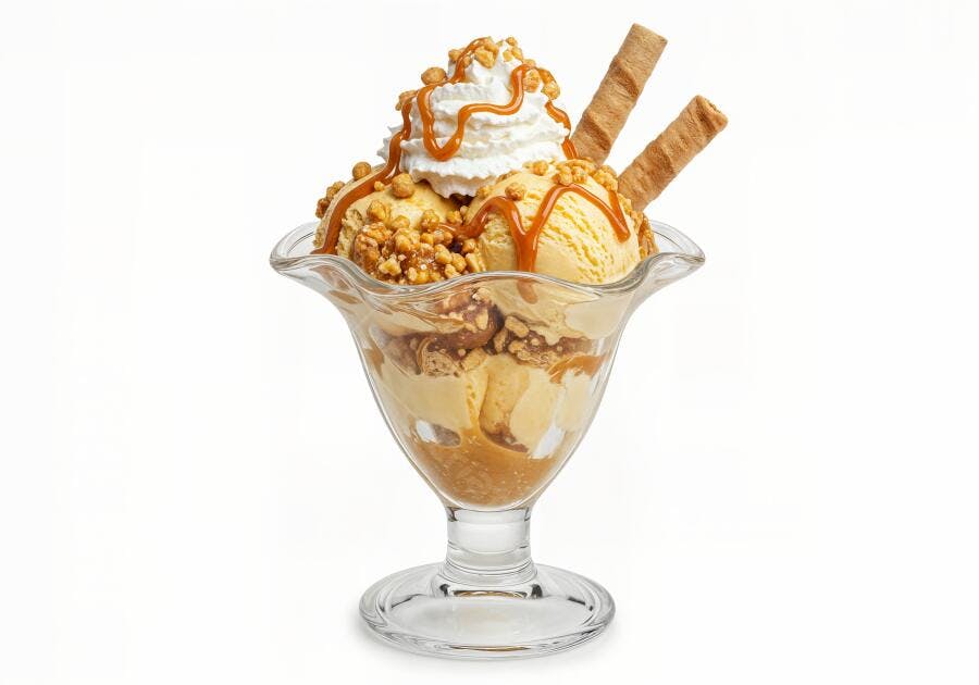 Sobremesa de sorvete com caramelo e crocante