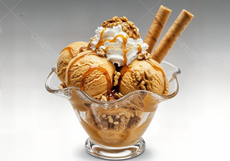 Sorvete de doce de leite com nozes e chantilly