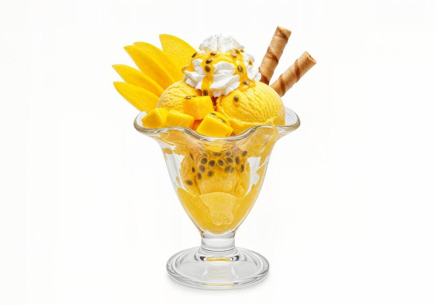 Sorvete de manga com chantilly e waffer