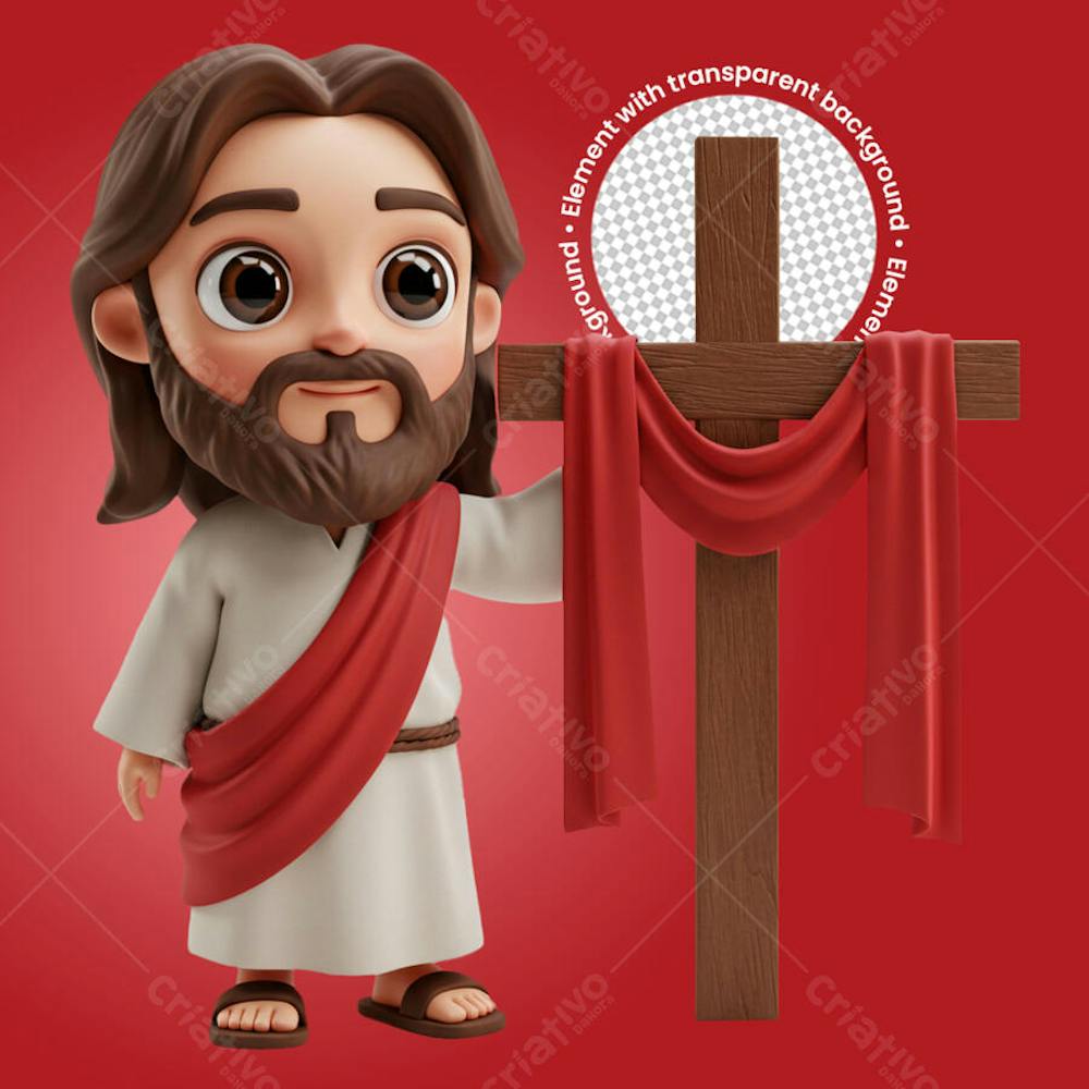 Personagem fofo de jesus cristo ao lado da cruz da ressurreição