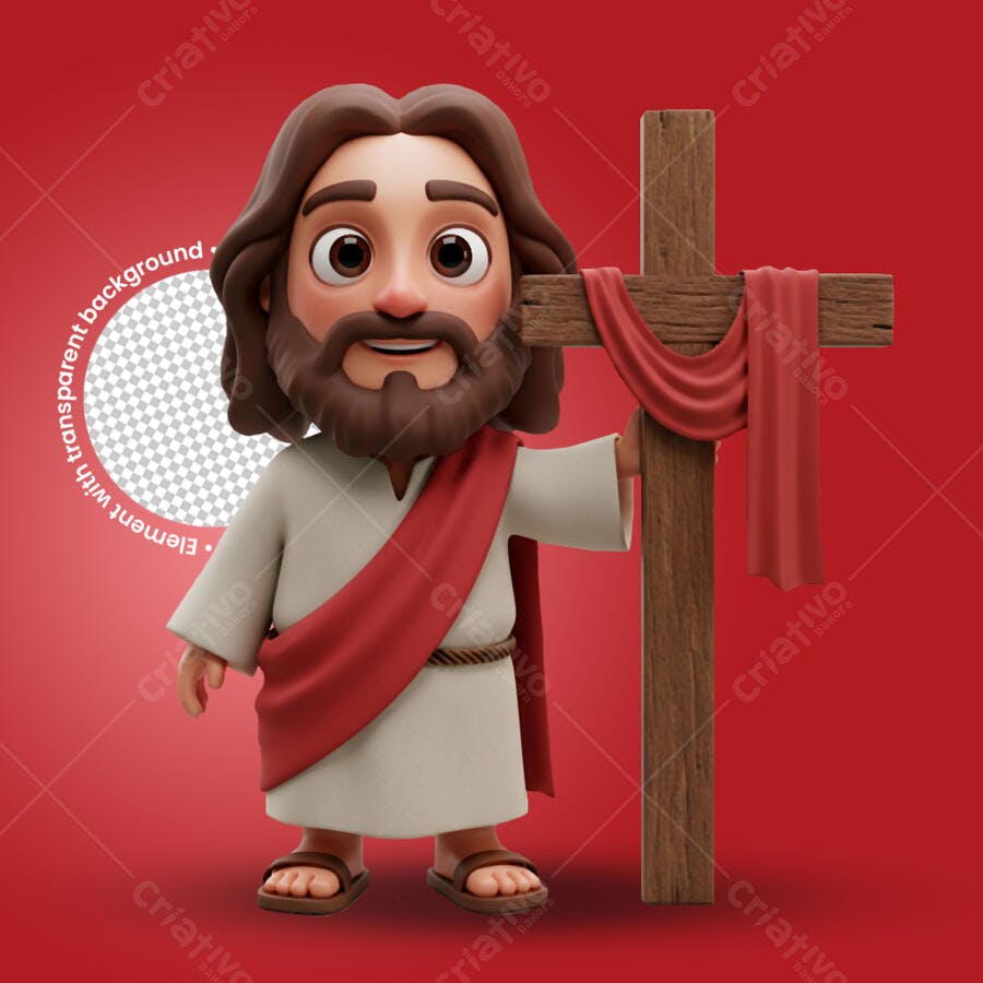 Personagem 3D Jesus Cristo segurando uma cruz de madeira