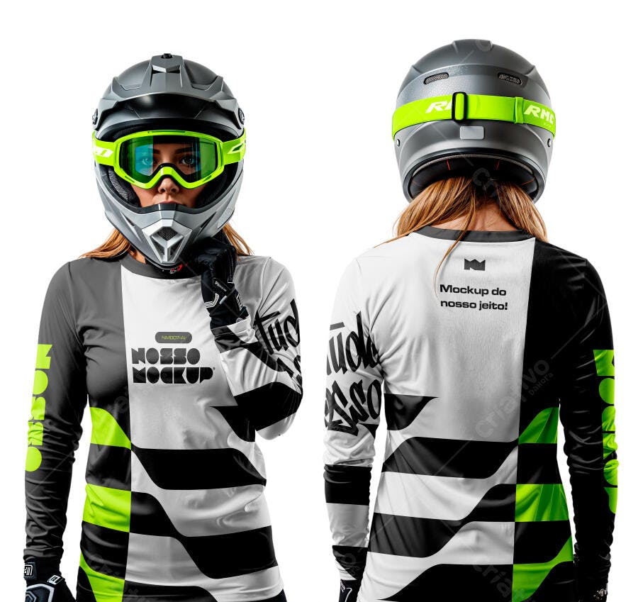Mockup Camiseta Motocross: Design Moderno em Preto, Branco e Verde-Lima