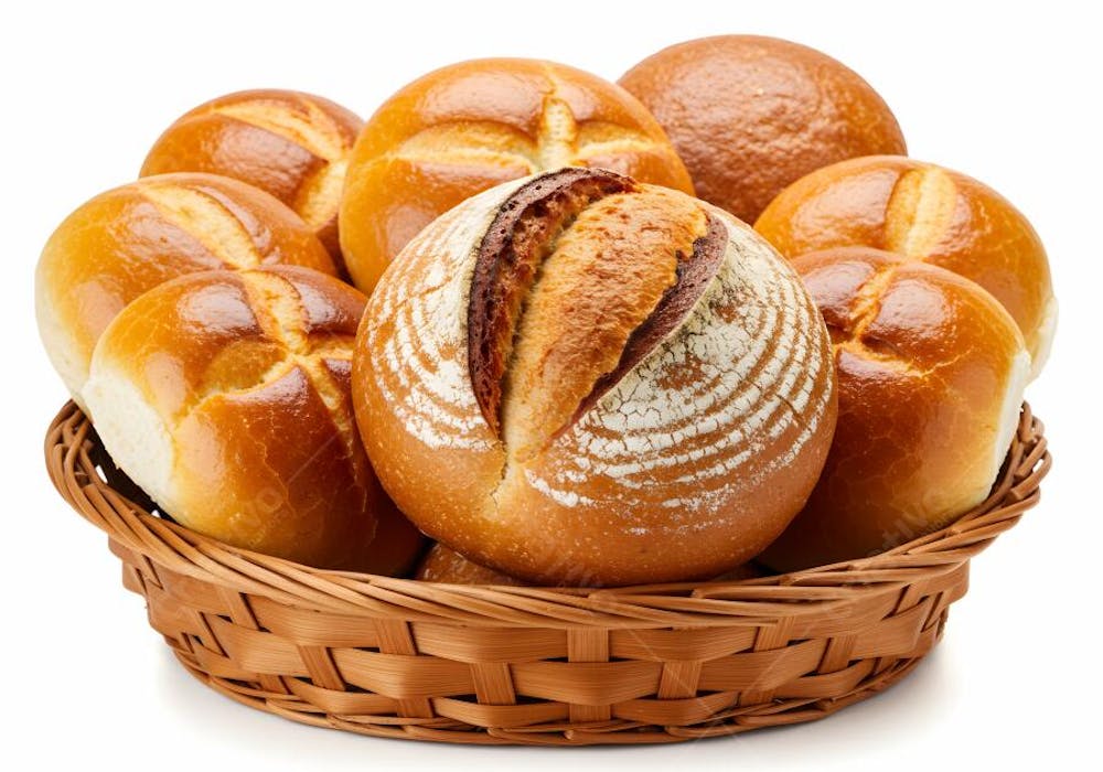 Pães fresquinhos em cesto de vime