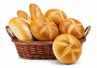 Pães fresquinhos em cesto de vime