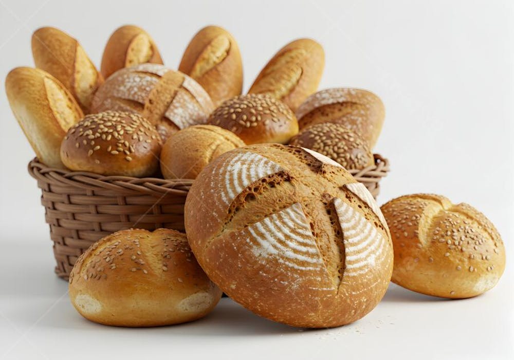 Pães fresquinhos em cesto de vime