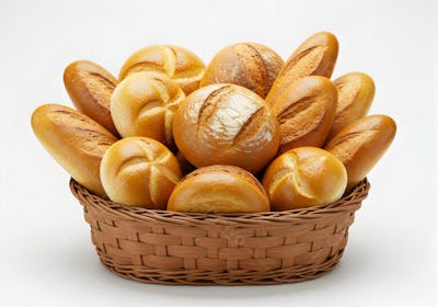 Pães fresquinhos em cesto de vime