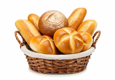 Pães fresquinhos em cesto de vime