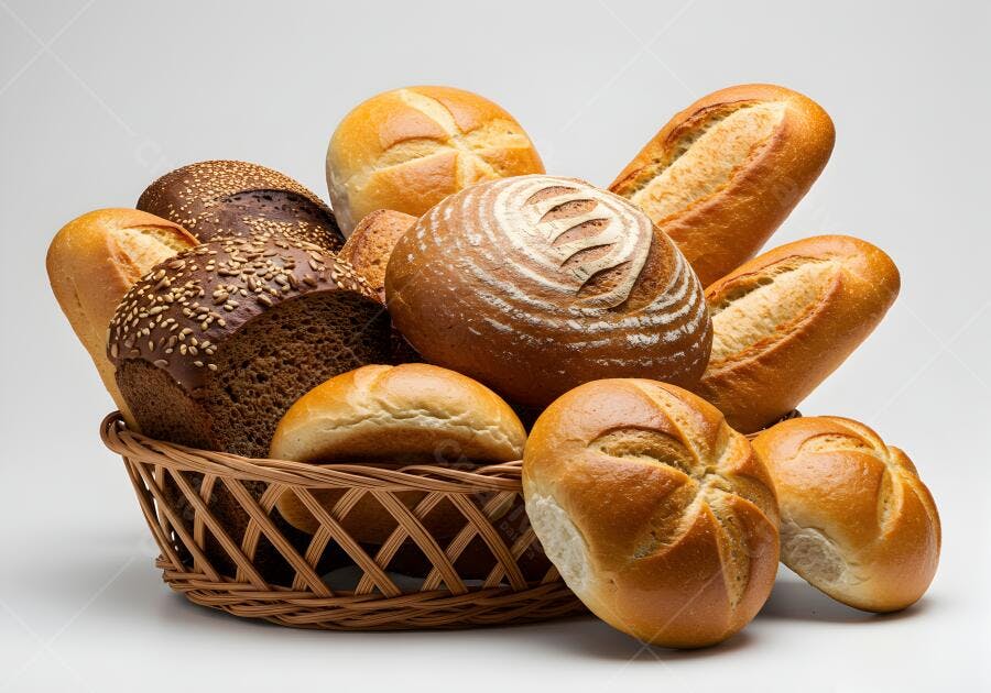 Pães variados em cesta de vime
