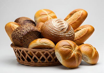 Pães fresquinhos em cesto de vime