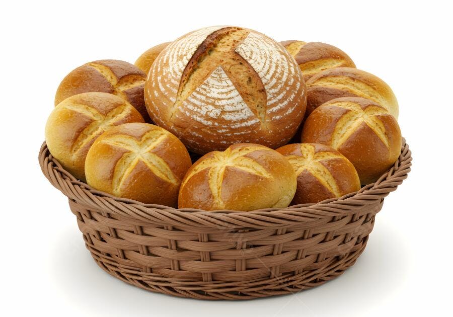 Pães e pãezinhos em cesta de vime