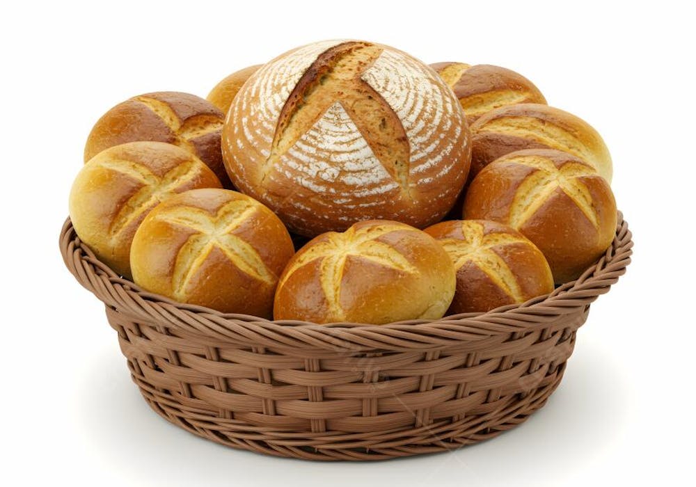 Pães fresquinhos em cesto de vime