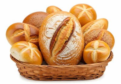 Pães fresquinhos em cesto de vime