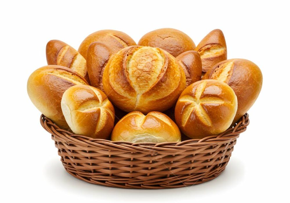 Pães fresquinhos em cesto de vime