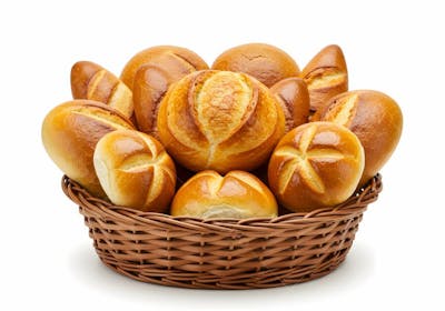 Pães fresquinhos em cesto de vime