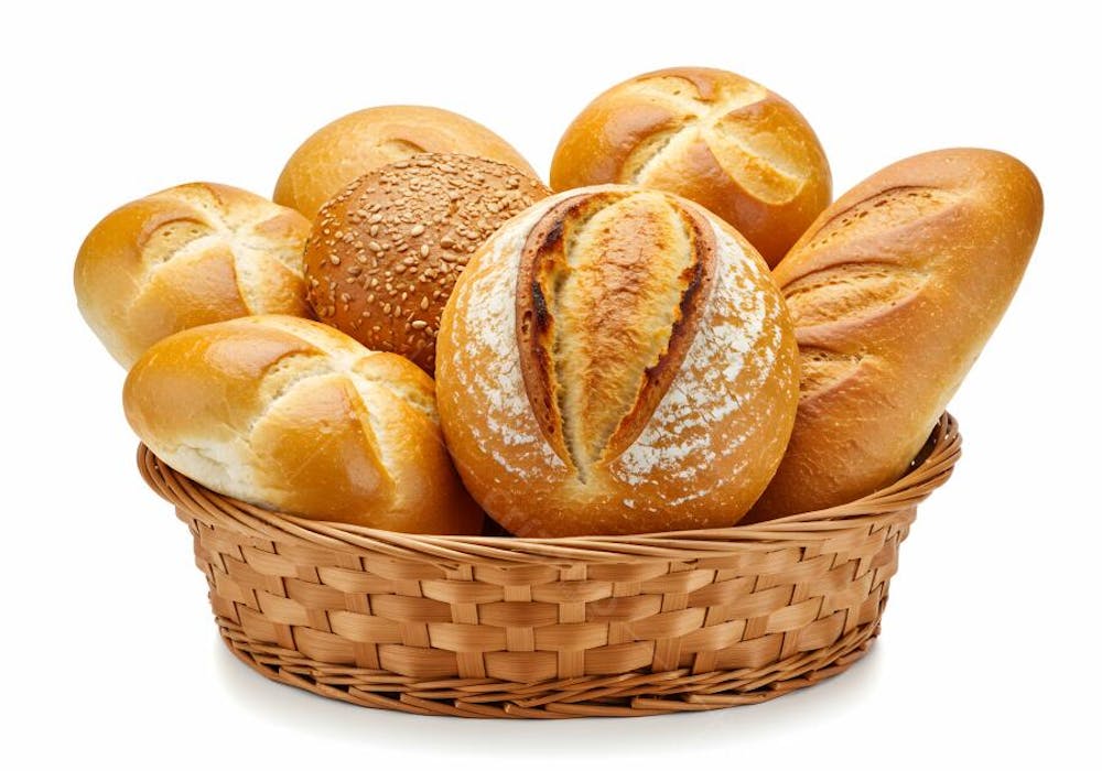 Pães fresquinhos em cesto de vime