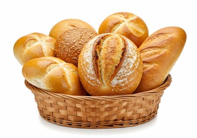 Pães fresquinhos em cesto de vime