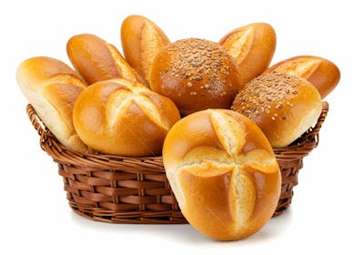 Pães fresquinhos em cesto de vime