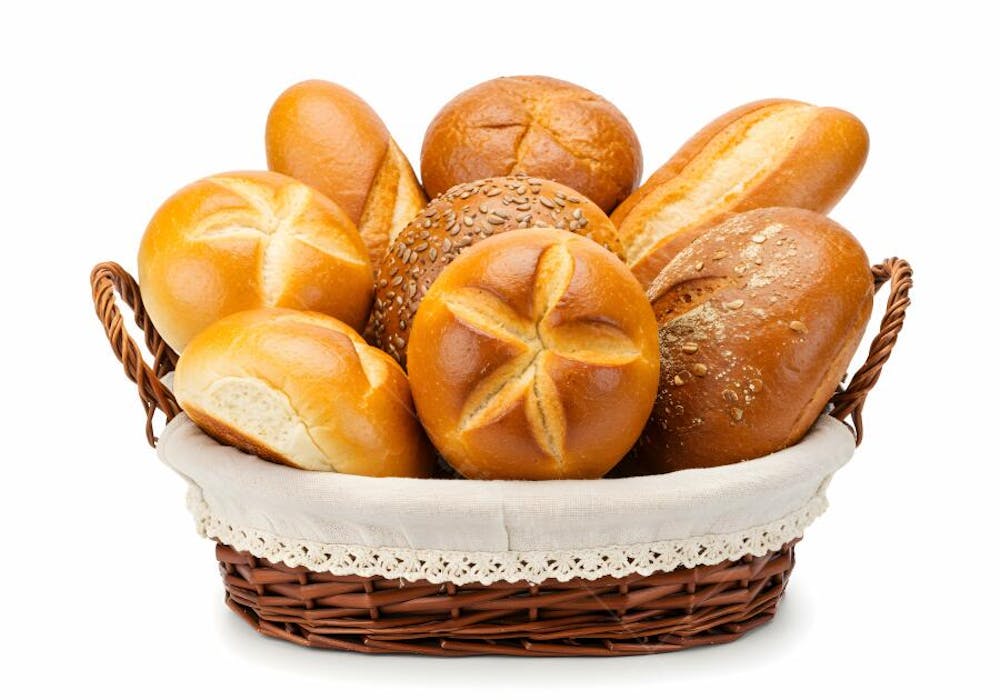 Pães fresquinhos em cesto de vime