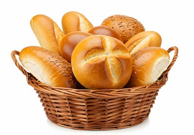 Pães fresquinhos em cesto de vime