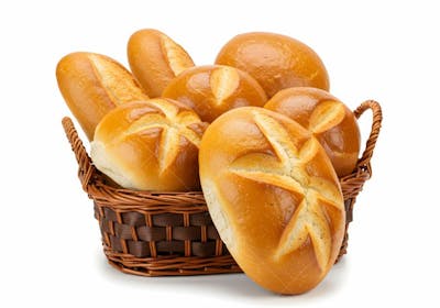 Pães fresquinhos em cesto de vime