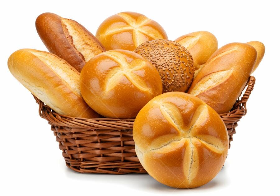 Pães e pãezinhos em cesta de vime