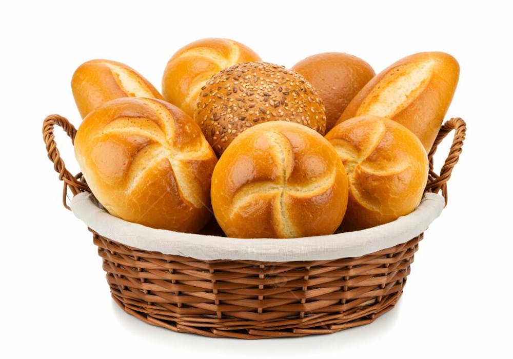 Pães fresquinhos em cesto de vime