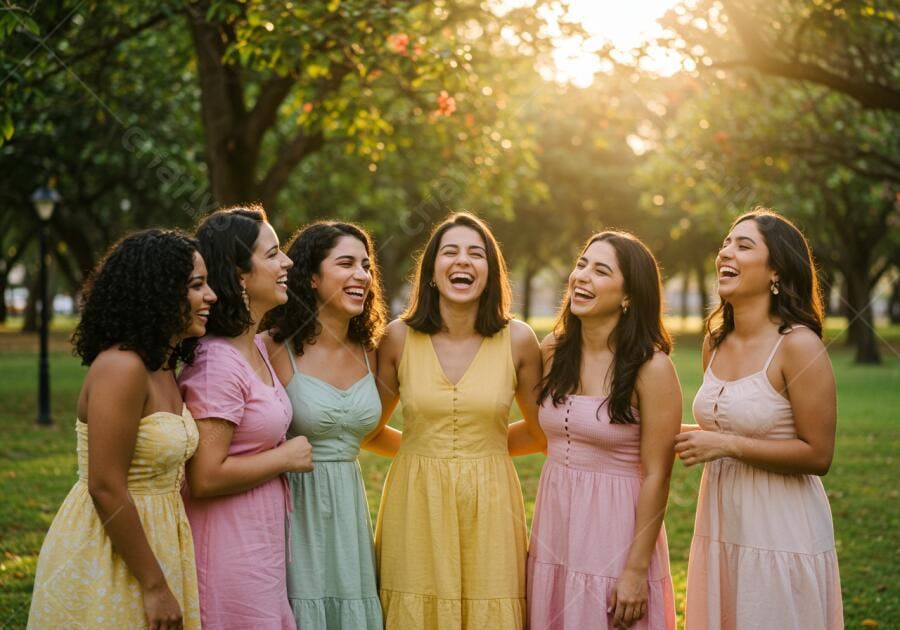 Amigas sorrindo em parque ao entardecer