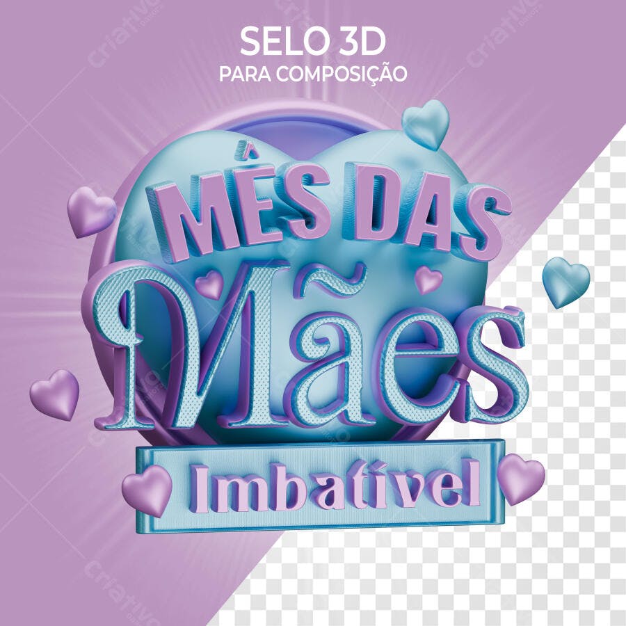 Selo 3D Dia das Mães Azul e Lilás em Formato de Coração