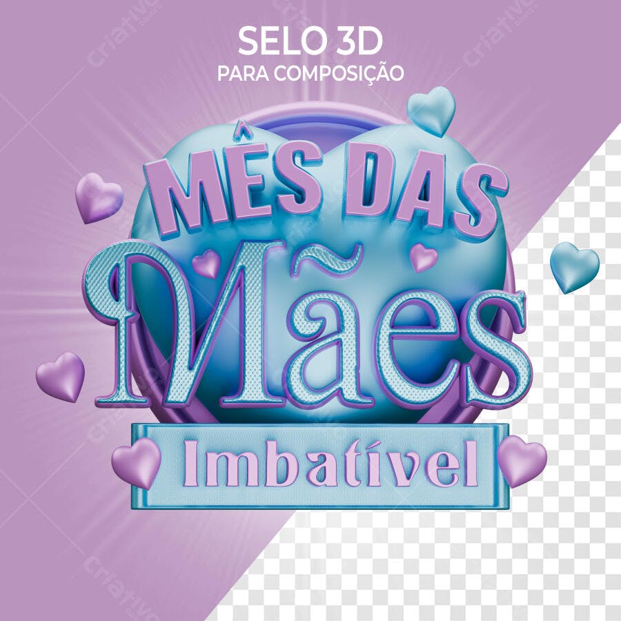 Selo 3D Dia das Mães azul e roxo formato coração