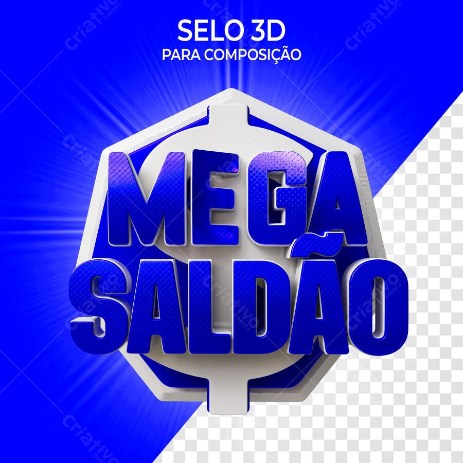 Selo 3D promocional azul e branco Mega Saldao