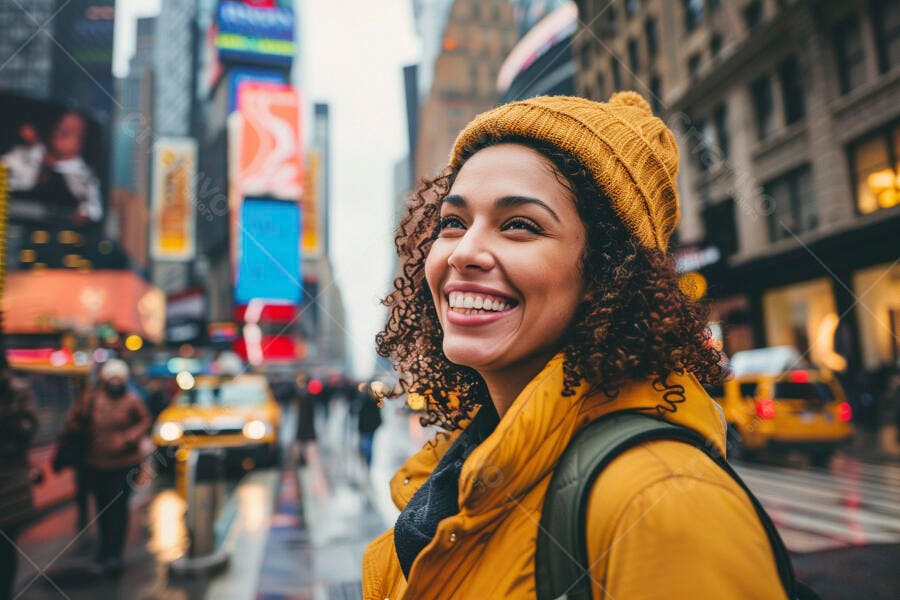 Mulher sorrindo em Times Square Nova York