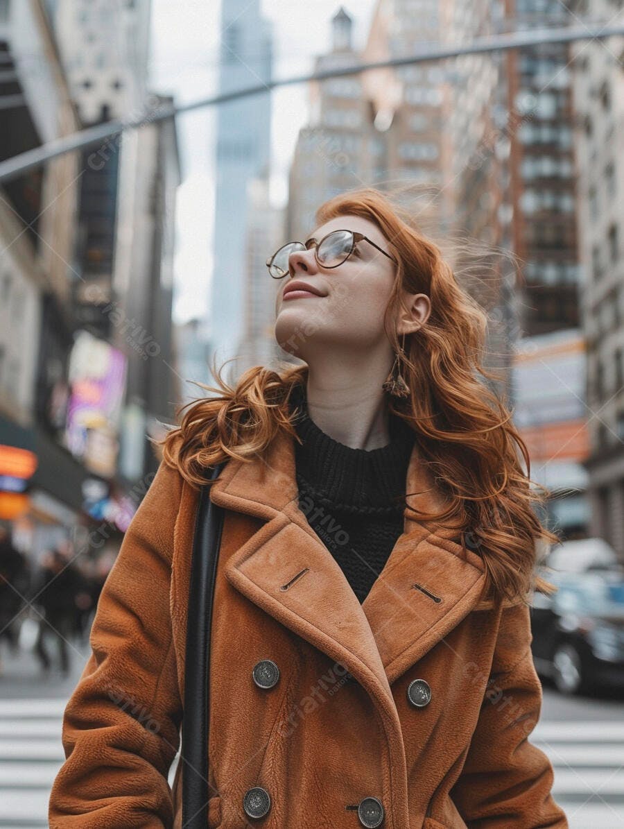 Mulher ruiva em casaco marrom em NY