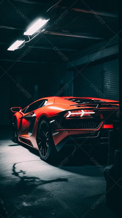 Supercarro Esportivo Vermelho em Garagem Escura com Iluminação Neon