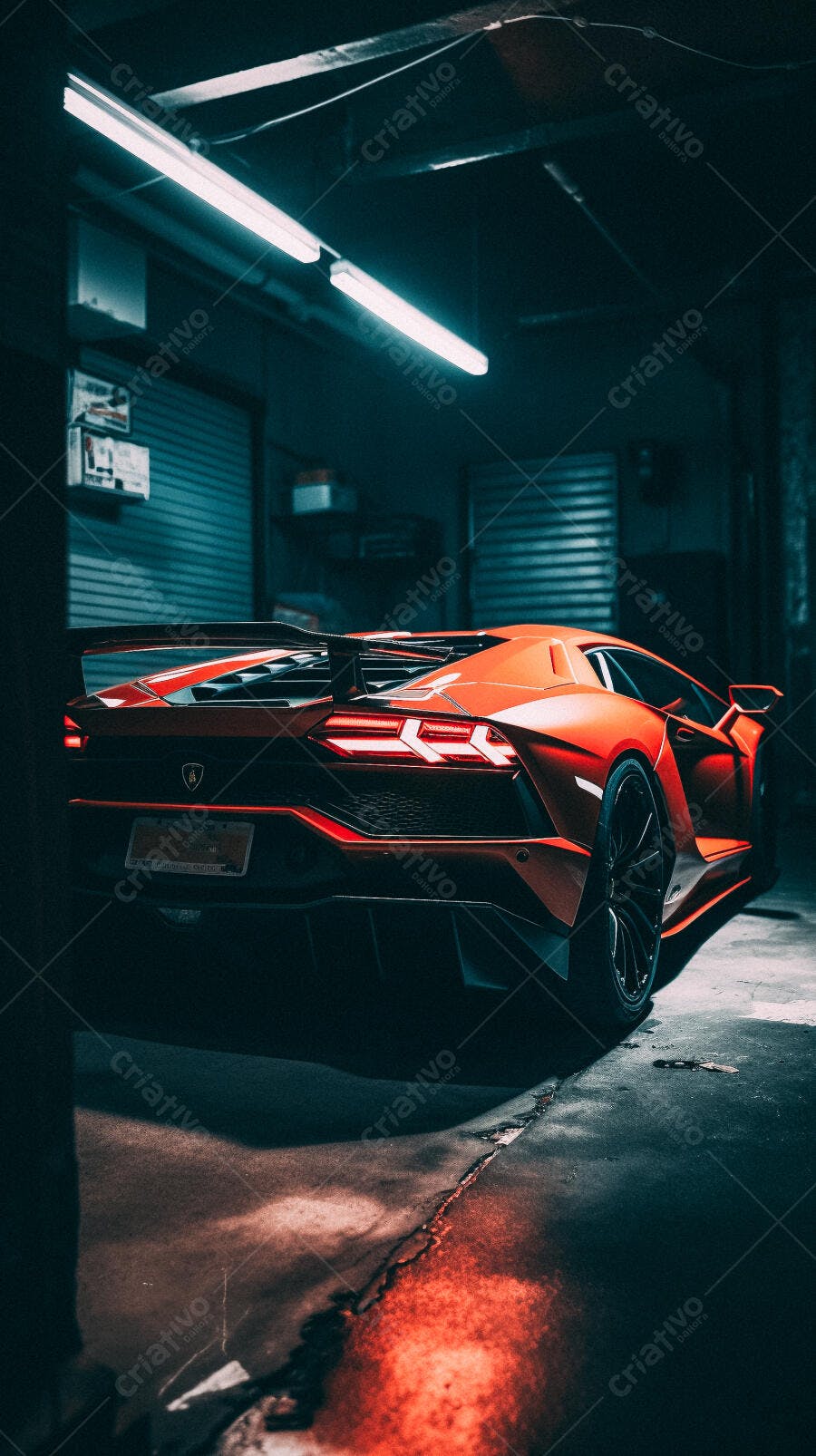 Lamborghini laranja em garagem escura